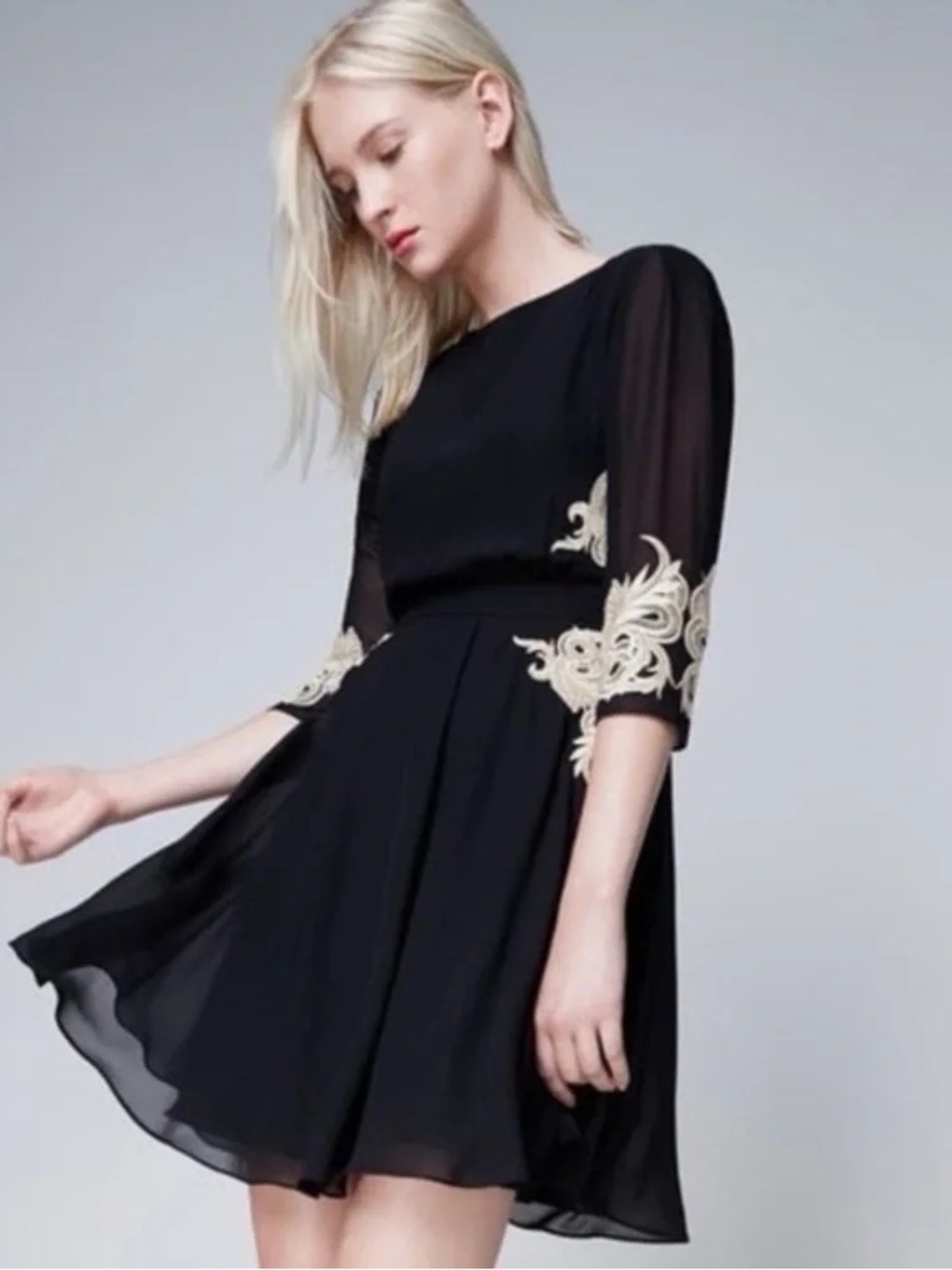 Ted Baker 12 Black Flowy Long Sleeve Mini Dress Cream Lace Appliqué Designer